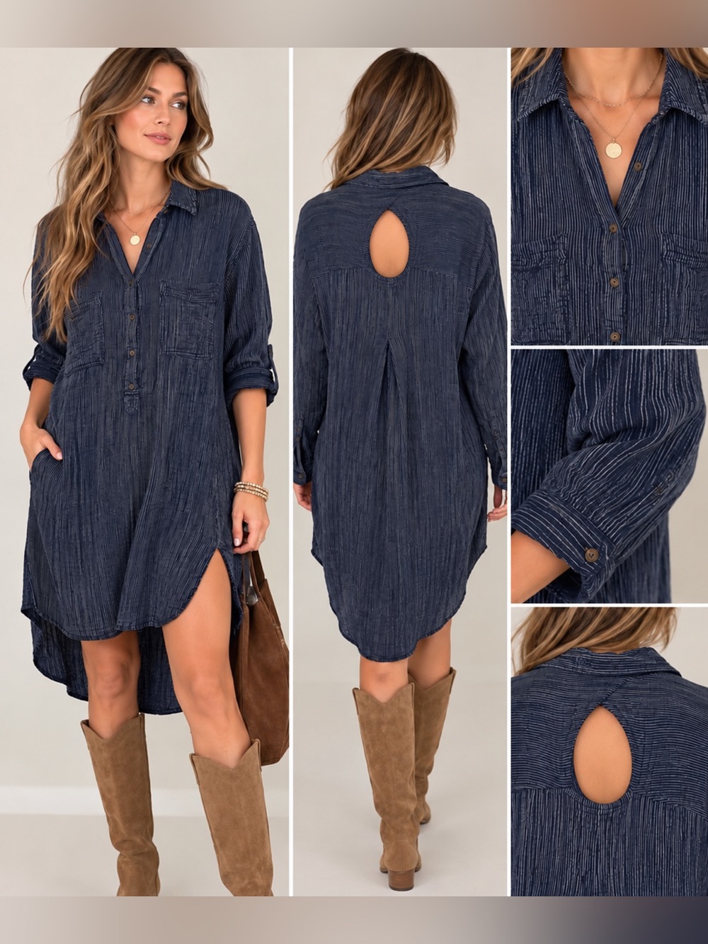 Free People Navy Pinstripe Cotton High-Low Tunic Shirt Dress Size L